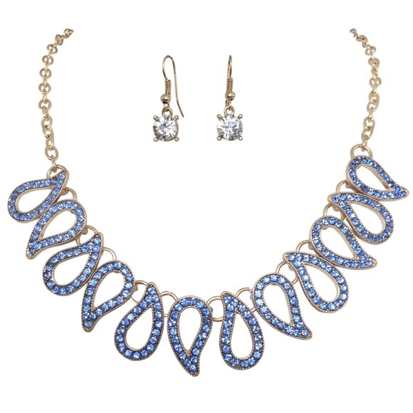 Blue Rhinestone Paisley Necklace Earrings Set - Picture 1 of 3